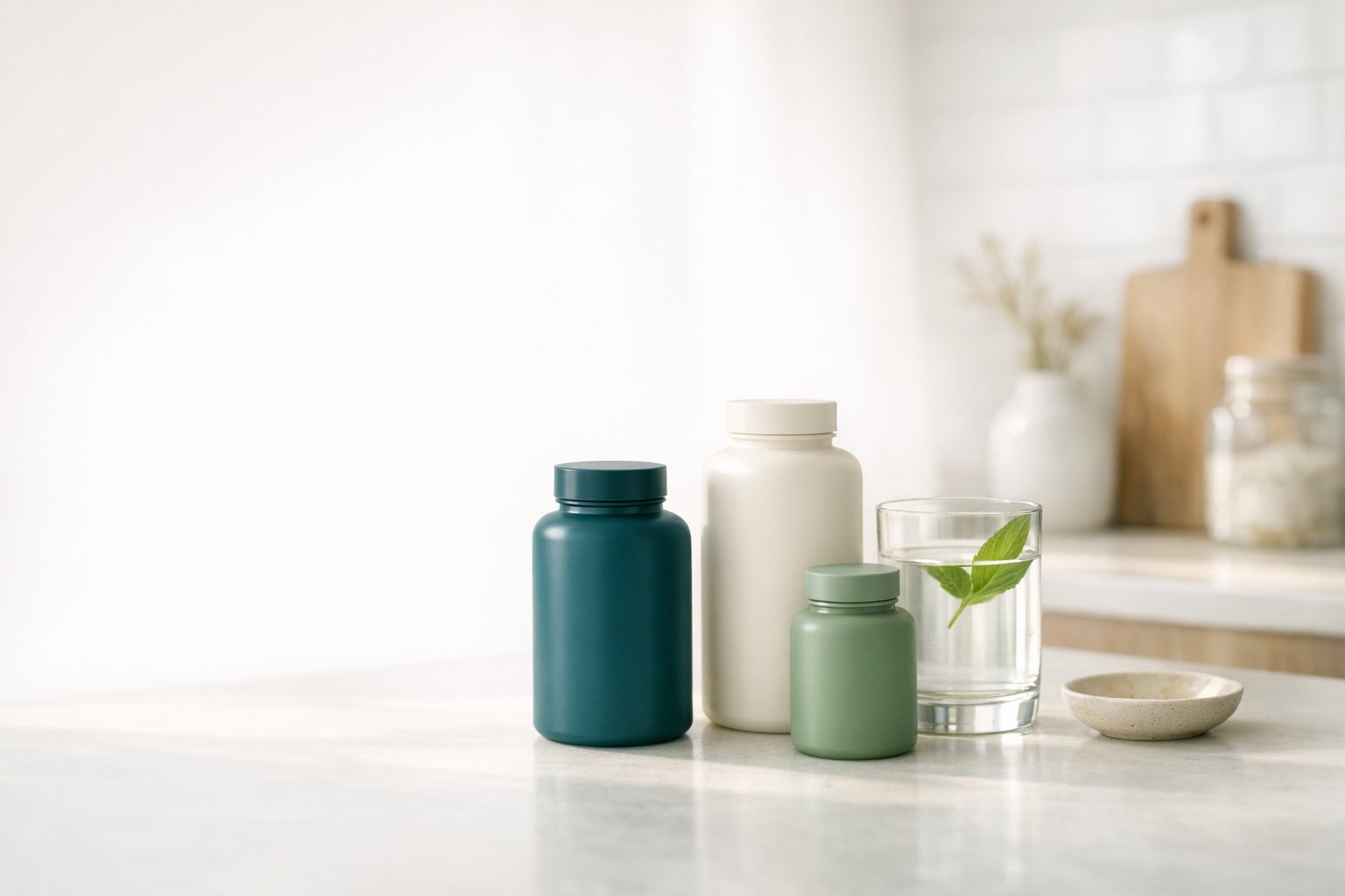 AlivioVital supplement bottles on a bright kitchen counter with a glass of water